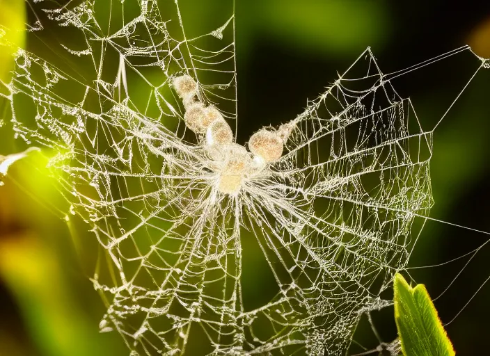 Prompt: super macro of a clear crystal spider with big eyes sitting on a flower, in the forest. fantasy magic style. highly detailed 8 k. intricate. nikon d 8 5 0 3 0 0 mm. award winning photography.