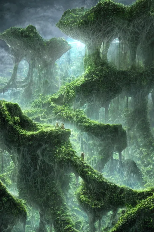 Image similar to ancient fractal temple deep in the future - megastructure in the hanging gardens of a radiant forest jungle, overgrown garden, scanned earth terrain fractal bridges, highly detailed erosion algorithm landscape, by albert bierdstat, by glenn small, high resolution, 8 k photorealism, populated by luminous beings, god rays in volumes of fog, looking up perspective