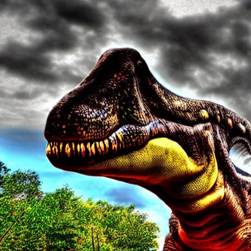 Image similar to dinosaur smoking a cigarette in their mouth realistic hdr professional shot