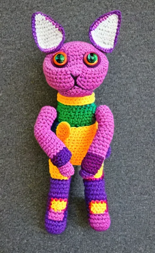 Prompt: multicolored crocheted cyborg cat