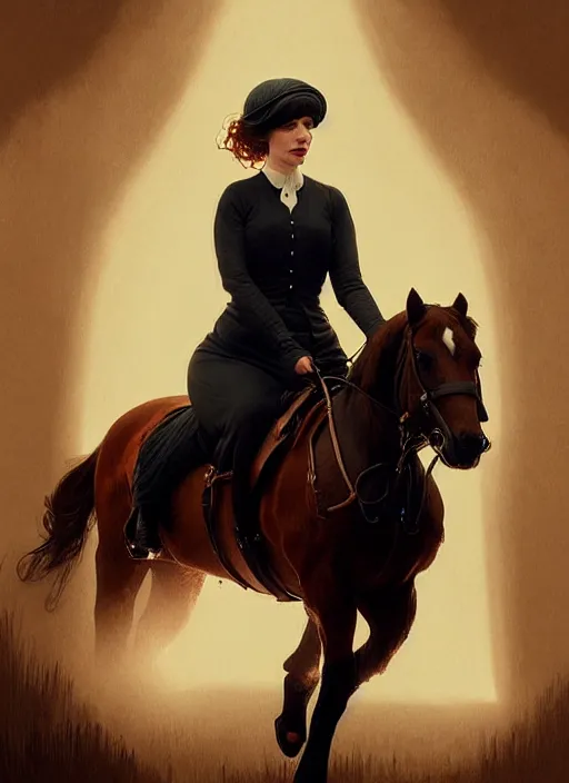 Image similar to symmetry!! portrait of christina hendricks riding a horse in peaky blinders, glowing lights!! intricate, elegant, highly detailed, digital painting, artstation, concept art, smooth, sharp focus, illustration, art by artgerm and greg rutkowski and alphonse mucha