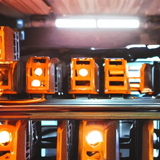 Prompt: line of toaster oven mecha heads on conveyor belt, dark messy smoke - filled cluttered workshop, dark, dramatic lighting, orange tint, sparks, cinematic, highly detailed, sci - fi, futuristic, movie still