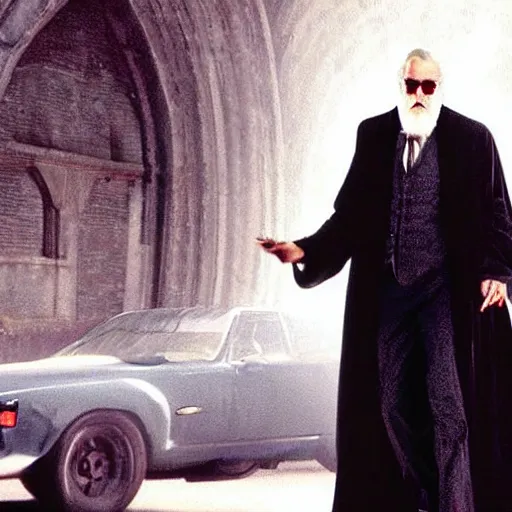 Prompt: Movie still of Albus Dumbledore in Matrix with shades