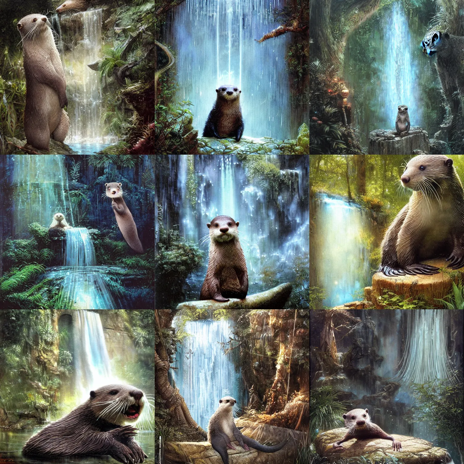 Prompt: A cute otter playing in front of a huge ethereal waterfall by greg staples and Greg Rutkowski, ultra detailed