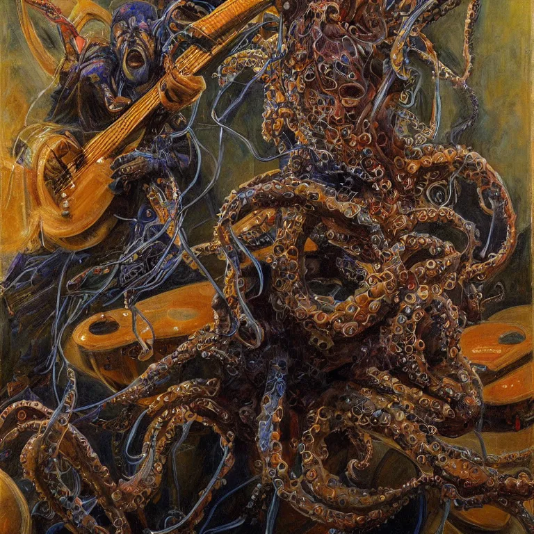 Prompt: a beautiful painting by donato giancola of an octopus playing drums and telecaster guitar in an electronic concert, dark background, concert light, dark mood, warm lights