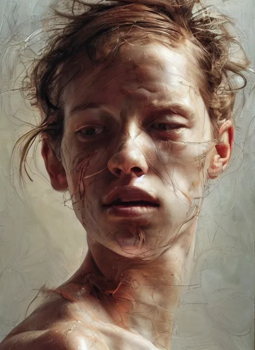 Prompt: high quality high detail painting by jenny saville, hd, a skinny beautiful androgenous person, hair in wind, photorealistic lighting