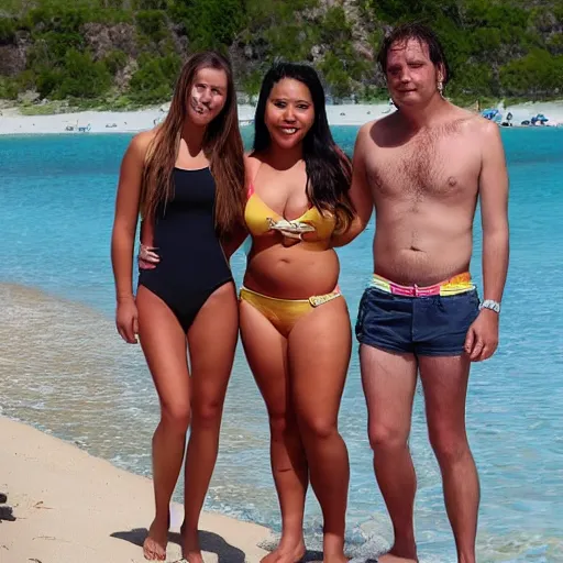 Image similar to 4 0 year old man that looks young for his age that seems to attract young women. a 2 1 year old woman in a bikini can be seen at his side.