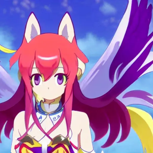 Image similar to ahri the nine - tailed fox from uma musume, official film still, art