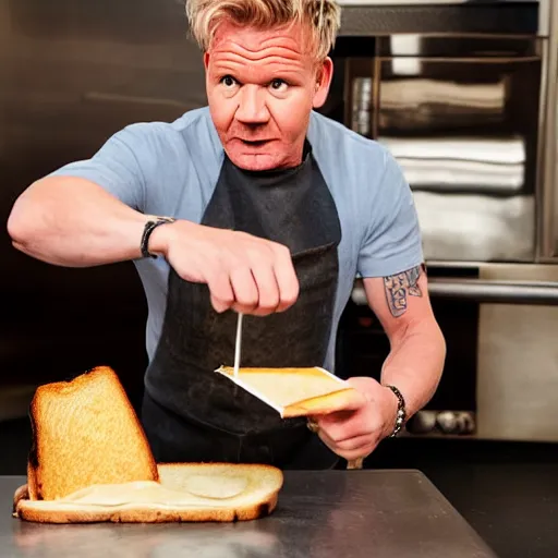 Prompt: Gordon Ramsay making a grilled cheese sandwich, professional still photograph, studio lighting