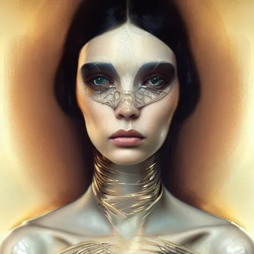 Image similar to Epic cinematic portrait of a very beautiful dollpunk female wearing Abstract bodysuit, focus, realistic eyes, symmetric body features proportions, golden ratio, ultra intricate details, award winning, unreal render, by Tom Bagshaw