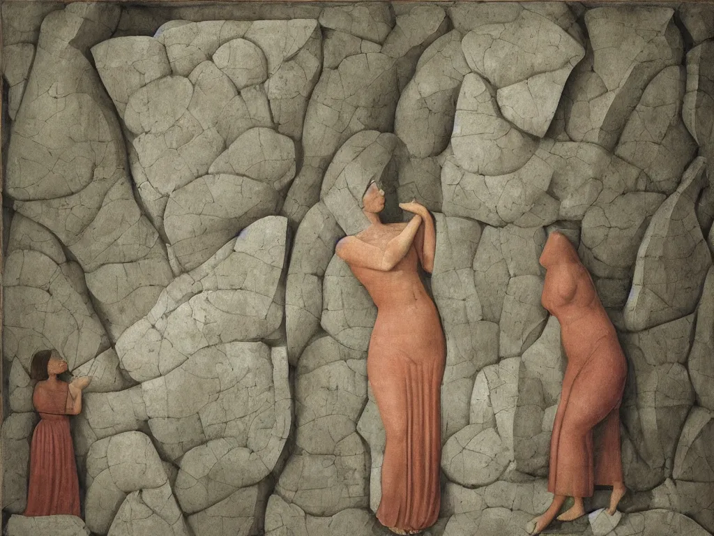 Image similar to Woman transforming into a rock and a flower sculpted by Henri Moore. Textured cavern walls. Fern. Painting by Piero della Francesca, Morandi, Alex Colville