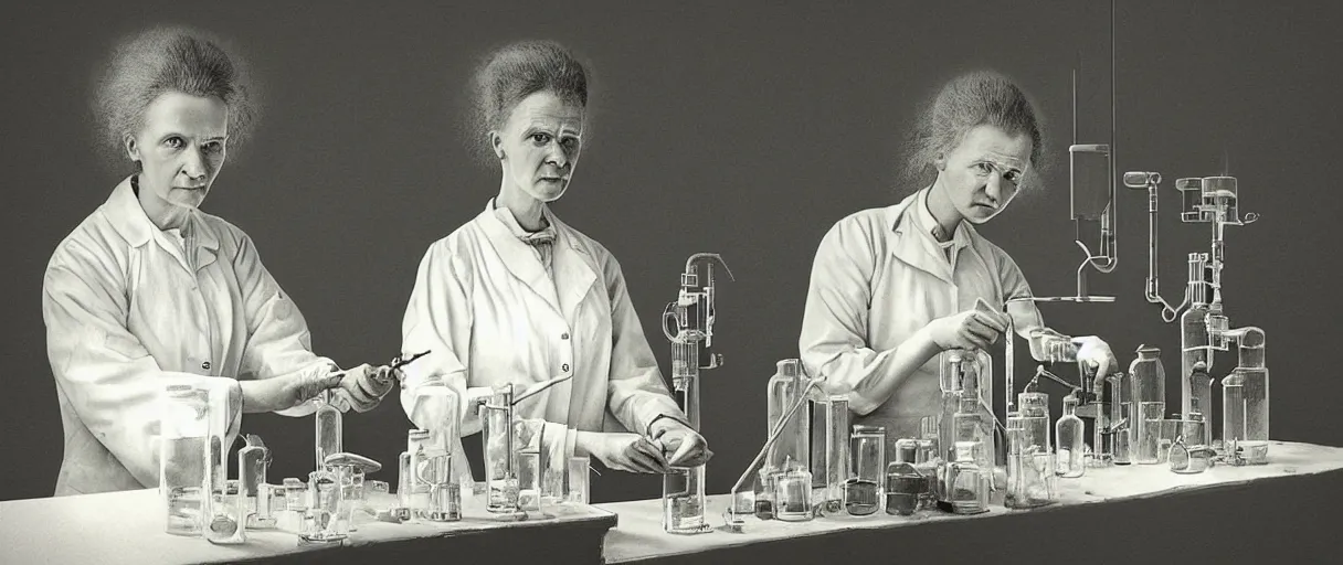 Image similar to “ a extremely detailed stunning portraits of marie curie mixing radium in laboratory by allen william on artstation ”