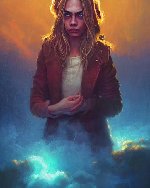 Prompt: portrait of cara delevingne atmospheric lighting, painted, intricate, volumetric lighting, beautiful, rich deep colours masterpiece, golden hour, sharp focus, ultra detailed, in the style of Dan Mumford and marc simonetti