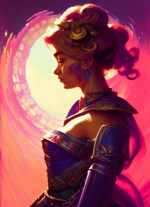 Image similar to side portrait, imogen poots, paladin, gloomhaven, colorful gaudy colors, luminescent, hard edges, organic painting, by greg manchess, huang guangjian, gil elvgren, greg rutkowski, jesper ejsing, magali villeneuve, artgerm, ilya kuvshinov