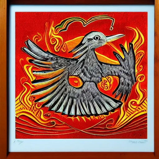 Prompt: a bird rising above the flames, mexican folk art, native american folk art, relief engraving, framed art, intricate abstract, mild expressionism, award winning