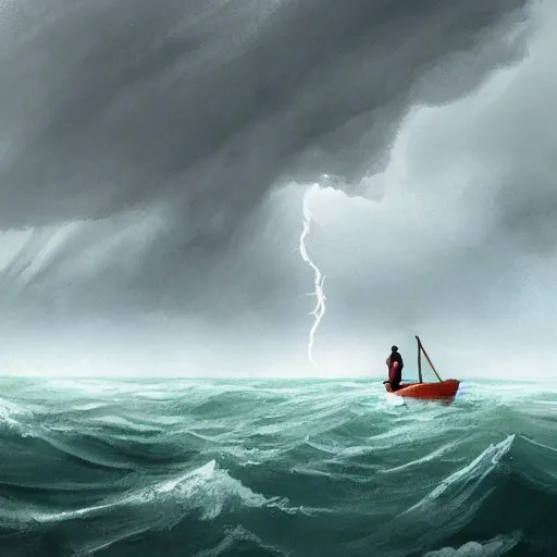 Prompt: a single man on a boat who is amazed by the beauty of a huge storm in the middle of the sea that is about to absorb him and end his life, illustration, digital art, d & d, trending on art station, masterpiece