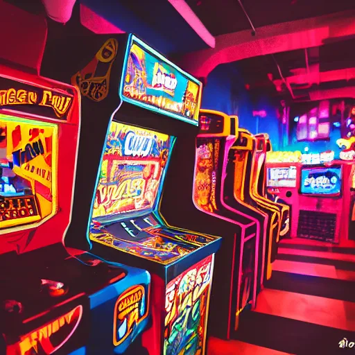 Image similar to A busy arcade, 80's, by Kung Fury, vaporware, XF IQ4, 150MP, 50mm, F1.4, ISO 200, 1/160s, natural light