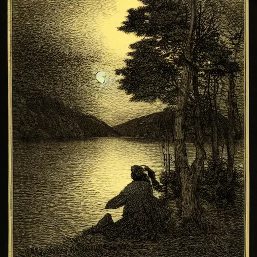 Image similar to a beautiful woman at a lake, forest, dark clouds, moon, nightsky, moonrays, shadows, high detail, illustration by Gustav Doré