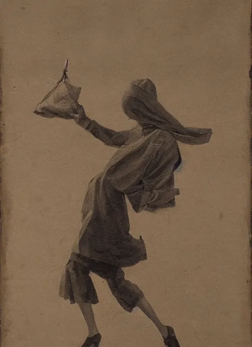 Image similar to woman flying with a paper bag over the head and a sward, Ben Ridgway, highly detailed