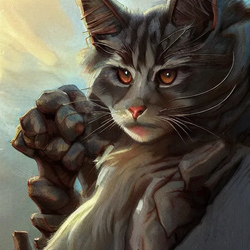 Prompt: stone maine coon, anthropomorphic large maine coon, dnd bipedal golem character, golem coon, aware. stone cat. dnd character concept, dnd digital painting, dnd artstation, dnd concept art, smooth, super sharp focus, illustration, art by artgerm and h r giger and alphonse mucha