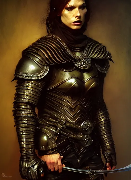 Image similar to thief, dagger, leather armor, full body, hyper realistic, extremely detailed, dnd character art portrait, dark fantasy art, intricate fantasy painting, dramatic lighting, vivid colors, deviantart, artstation, by edgar maxence and caravaggio and michael whelan and delacroix.