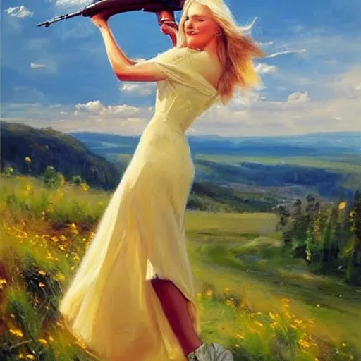 Prompt: mysterious blonde woman in hot dress in the swedish countryside, holding a shotgun!!!, freedom, scenic, beautiful, masterpiece, highly detailed, painting by vladimir volegov