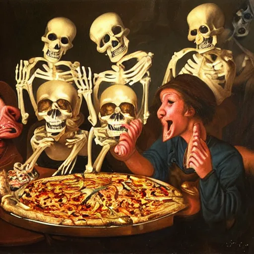 Prompt: a realist portrait of skeletons eating pizza at a grand feast, looking at the viewer, intense, by andrey shishkin, oil on canvas