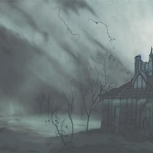 Prompt: ghost of a young girl, a burnt out church, wisps of smoke, spooky, photorealism, cel shaded, studio ghibli, hayao miyazaki