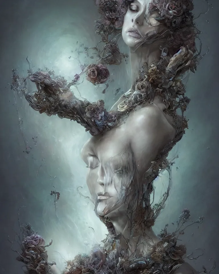 Prompt: a sculpture of a gorgeous etherial female, breaking apart, metaphysical paintings, Andrew Ferez, by Charlie Bowater, Marco Mazzoni, Seb McKinnon, Ryohei Hase, jeremy geddes, lovecraftian, made of mist, cosmic horror, trending on cgsociety, featured on zbrush central, grotesque, vanitas, new sculpture, mystical