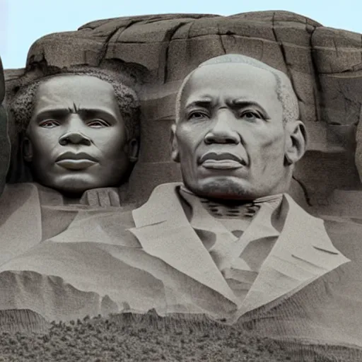 Prompt: harriet tubman, barack obama, matron luther king jr, colin powell faces on mount rushmore