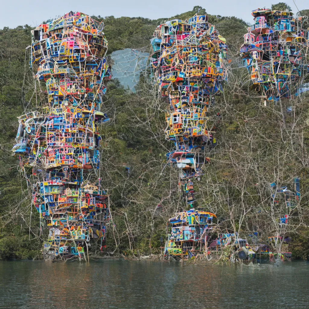 Image similar to a circular tower, made up of colourful makeshift squatter shacks suspended over water, dystopia, sony a 7 r 3, f 1 1, fully frontal view, ultra detailed, photographed by hiroshi sugimoto,