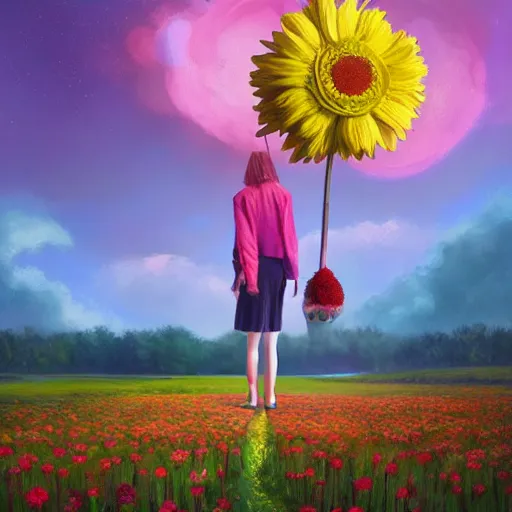 Image similar to giant daisy flower as a head, girl walking in flower field, surreal photography, moon light, dramatic, impressionist painting, colorful clouds, digital painting, artstation, simon stalenhag