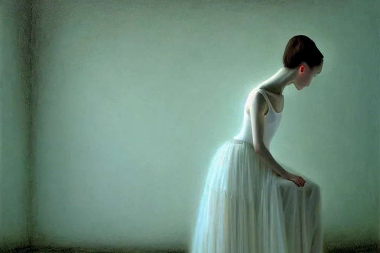 Image similar to hyperrealistica young beautiful ballerina in lush white and light white dress sits on the floor before the performance, in the style of beksinski, solarpunk, atmospheric, clean, intricate and epic composition, green by caravaggio, insanely quality, highly detailed, masterpiece, blue light, artstation, 4 k