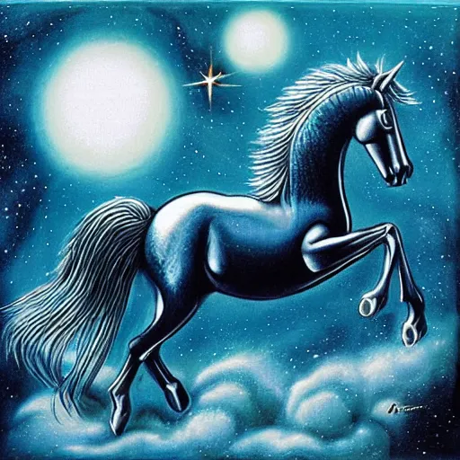 Prompt: blue horse in space by HR Giger