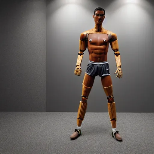 Image similar to a realistic detailed photo of a guy who is an attractive humanoid who is half robot and half humanoid, who is a male android, soccer player cristiano ronaldo, shiny skin, posing like a statue, blank stare, by the pool, on display, showing off his muscles, humanoid robot, mannequin challenge