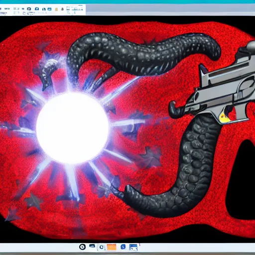 Prompt: digital painting highly detailed gorgon with glowing red eyes and an uzi