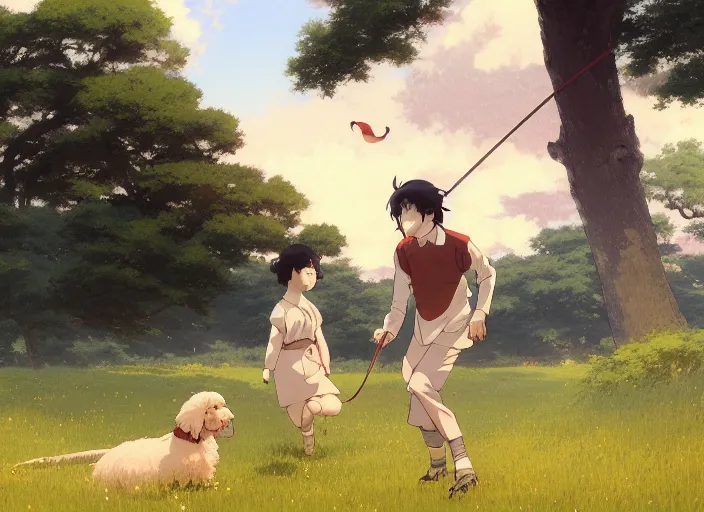 Image similar to japan 1 9 2 0's, young adult playfully chased by his goldendoodle dog on a green meadow, golden hour, finely detailed perfect art, gapmoe yandere grimdark, trending on pixiv fanbox, painted by greg rutkowski makoto shinkai takashi takeuchi studio ghibli