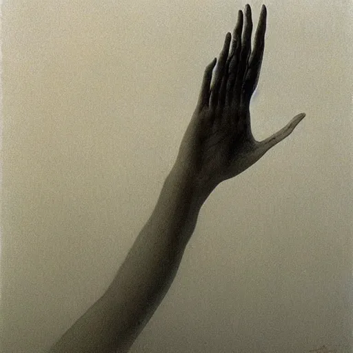 Prompt: hand with long fingers reaching out of thick fog, zdzislaw beksinski