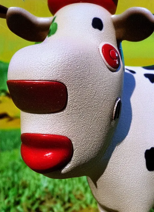 Image similar to highly detailed closeup, face profile portrait of a retro 1 9 5 0 s tin toy cow chewing cud on pasture, dream bubbles, unreal engine, nicoletta ceccoli, mark ryden, earl norem, lostfish, global illumination, detailed and intricate environment