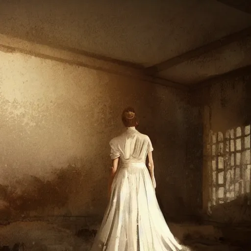 Prompt: A woman in a wedding dress in a dilapidated room, long shadow, dark room, vintage shading, warm colors, by Greg Rutkowski, artstation