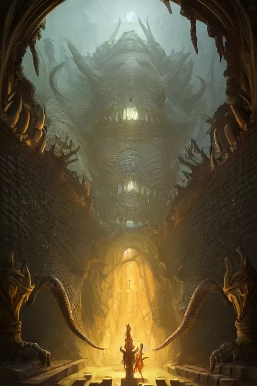 Image similar to deadly path to the crocodile god lair, menacing statues, deep focus, d & d, fantasy, intricate, elegant, highly detailed, digital painting, artstation, concept art, matte, sharp focus, illustration, hearthstone, art by artgerm and greg rutkowski and alphonse mucha