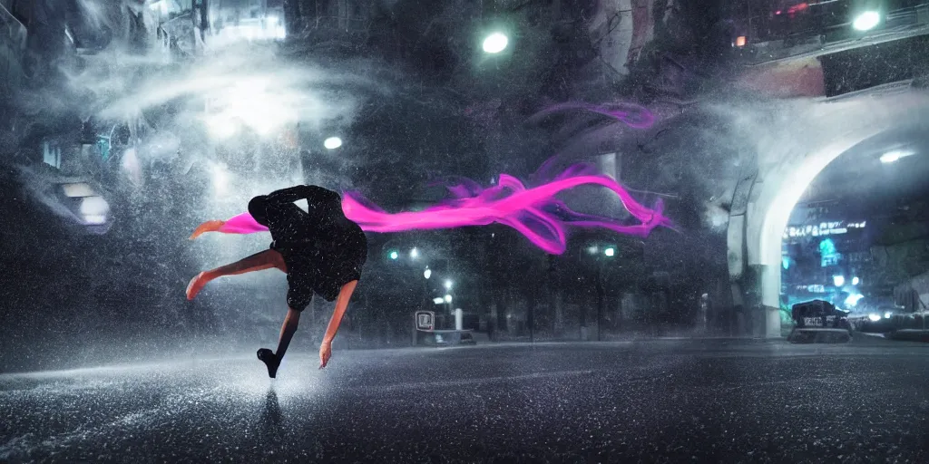 Prompt: fisheye lens slow motion with trail effect of futuristic break dancer wearing floating long dress with neon lights, long exposure shot , at night in the middle of a rainy street, paddle of water, steam, fog, water splashes, rim lights, glossy reflections, water droplets on lens, octane render, dark and dramatic, explosions in the background, detailed and soft, fisheye lens, smooth, sharp focus, illustration, art by artgerm and greg rutkowski and Makoto shinkai