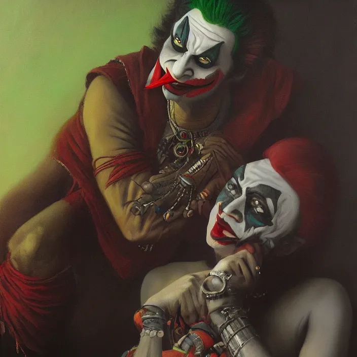 Image similar to indian joker, dark and gloom, extremely detailed oil painting, highly detailed, trending on artstation, concept art, sharp focus, illustration, by bouguereau and gerald brom