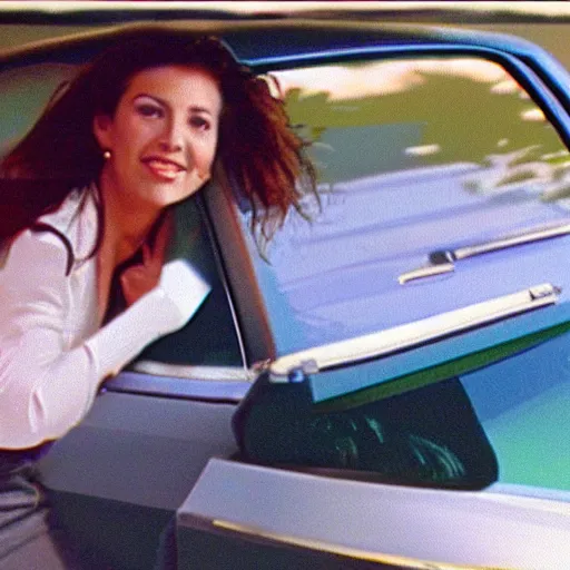 Image similar to vintage 90s VHS video still of a woman on a commercial promoting a new 90s car, realistic photo