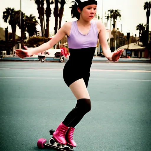 Image similar to a roller skater in a cinematic shot in santa monica, mid - afternoon, canon eos c 3 0 0, ƒ 1. 8, 3 5 mm, 8 k, medium - format print, inspired by roger deakins cinematography