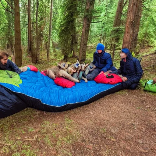 Image similar to a pack of wolves encircling a sleeping bag in a forest