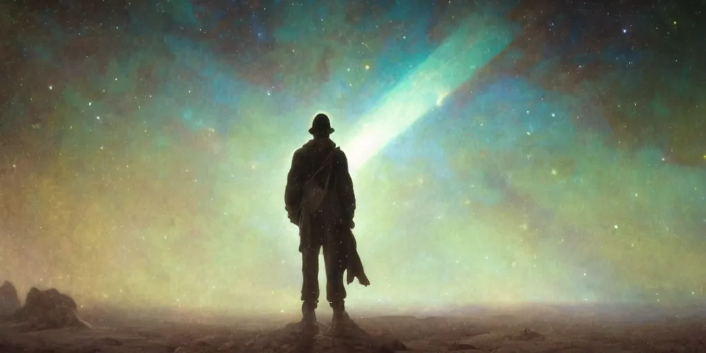 Image similar to a masterpiece painting of a silhouette of a lone hitchhiker wandering through a desert made of cosmic nebulas, by Tom Bagshaw and Alphonse Mucha and James Jean and John Williams Waterhouse, 8k, volumetric lighting, French nouveau, extremely moody lighting, cinematic, atmospheric, sharp focus, depth of field, intricate, elegant, highly detailed, digital painting, very coherent artwork