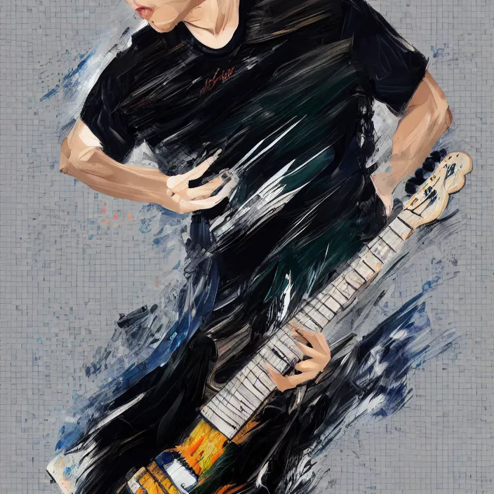 Prompt: abstract swirly brush strokes painting of a young korean man wearing black t shirt holding a telecaster!!! electric guitar!!, dark background, huge thick flowing dramatic brush strokes, matte colors, abstract, emotional masterpiece, impressionist, trending on artstation