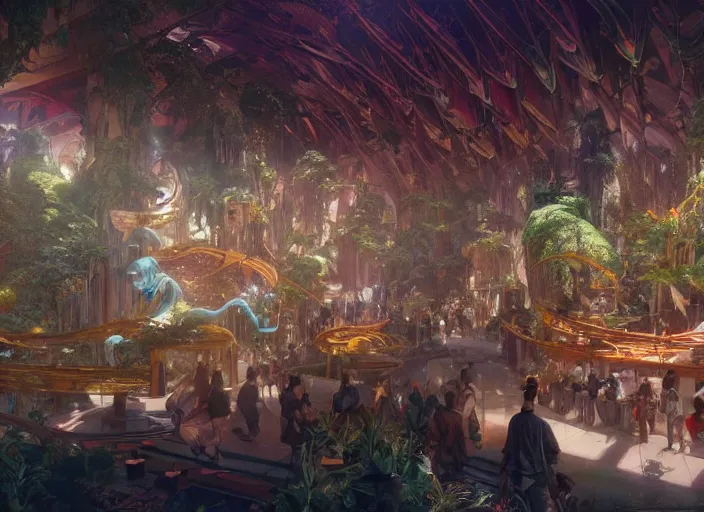 Image similar to avatar themepark interior designed by disney imagineering, rendered by artgerm and greg rutkowski and alphonse mucha