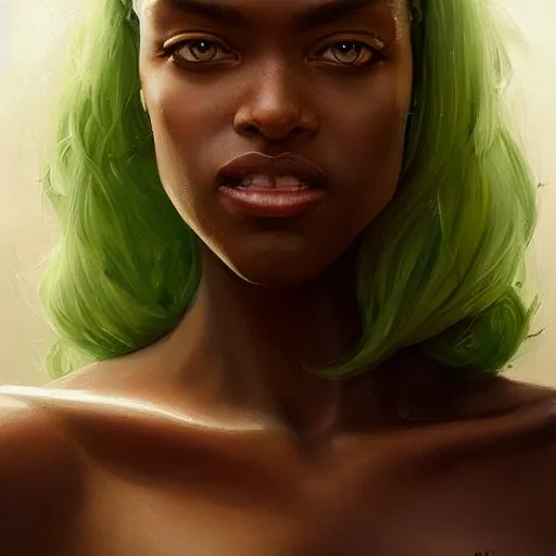 Prompt: A head-on detailed oil portrait of a dark-skinned woman with pale green eyes and long white hair by greg rutkowski and artgerm, trending on artstation